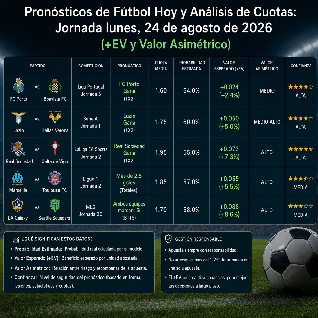 pronosticos de futbol hoy y analisis de cuotas jornada lunes 24 de agosto de 2026 ev y valor asimetrico