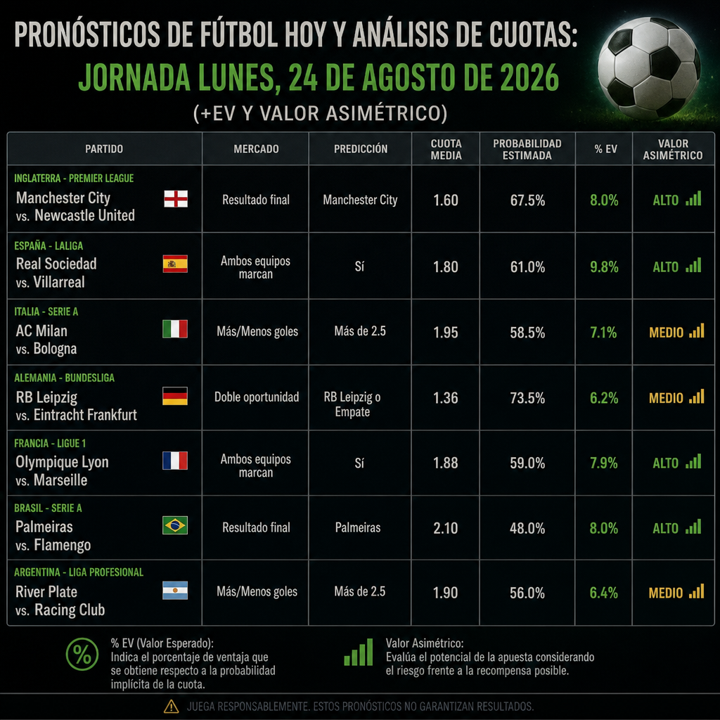 pronosticos de futbol hoy y analisis de cuotas jornada lunes 24 de agosto de 2026 ev y valor asimetrico