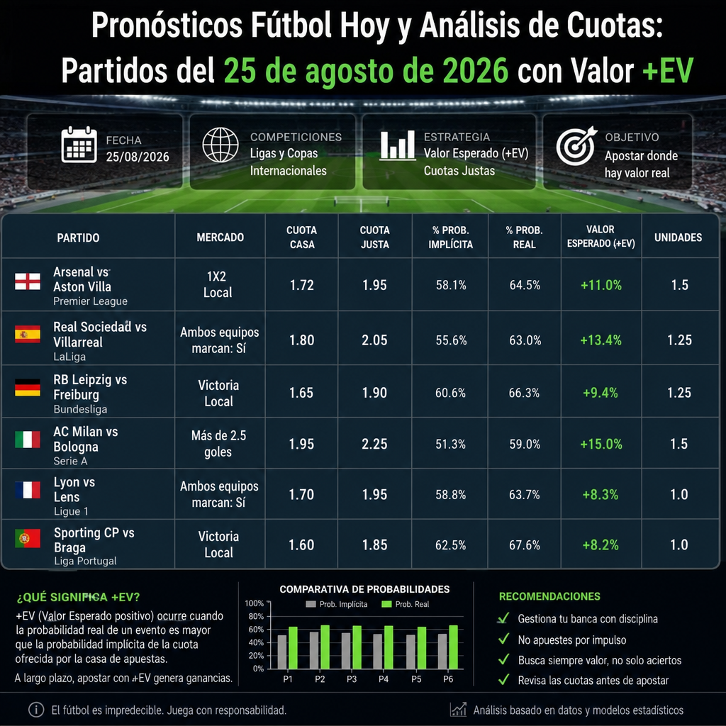 pronosticos futbol hoy y analisis de cuotas partidos del 25 de agosto de 2026 con valor ev
